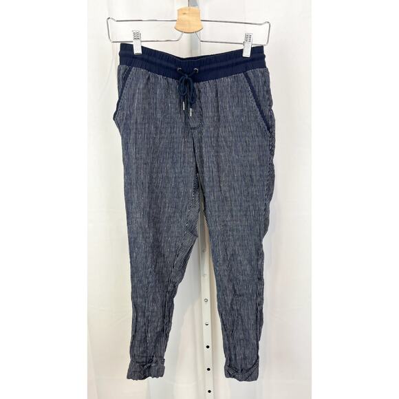 ATHLETA Size 2 Stripe Bali Linen Ankle Pants 211380 Drawstring Waist Navy Blue - Picture 1 of 10